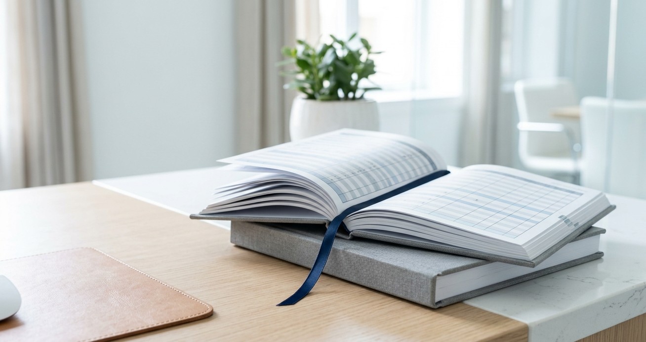 Libros de contabilidad abiertos con cinta azul sobre escritorio de madera clara