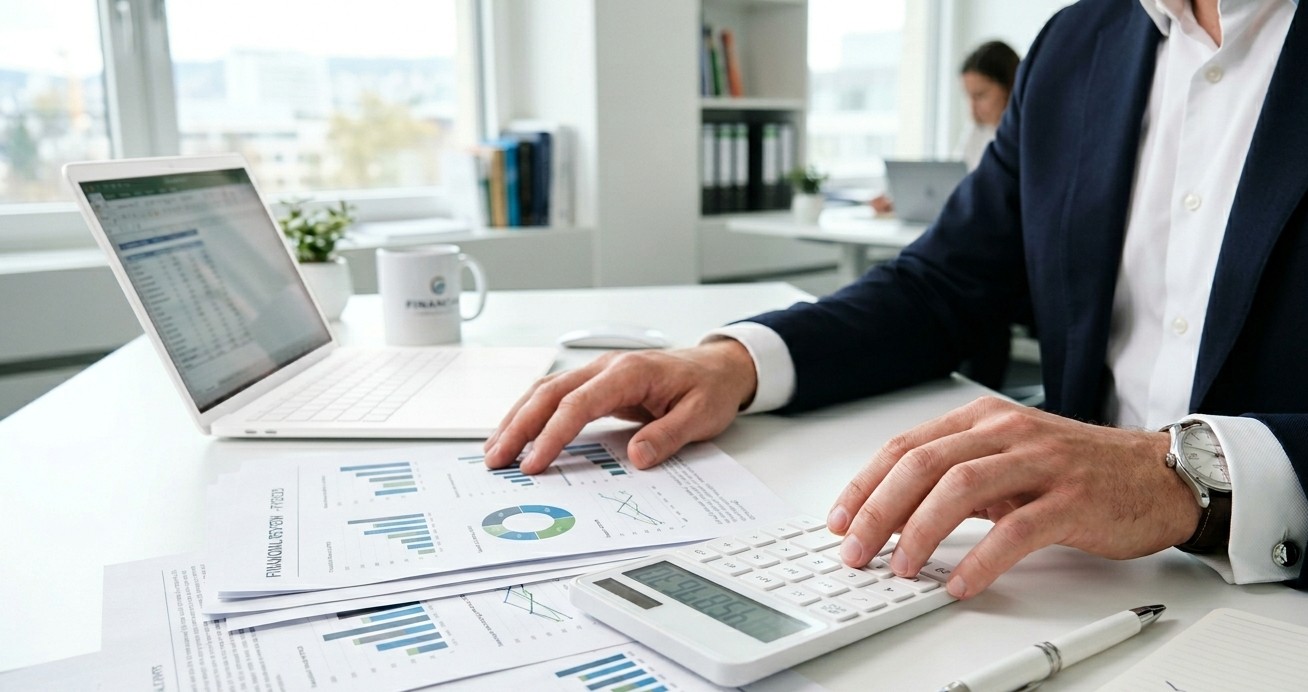 Análisis fiscal con calculadora y gráficos financieros sobre escritorio luminoso