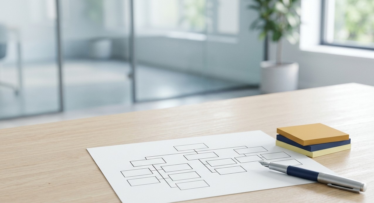 Boceto de organigrama con notas adhesivas sobre mesa de madera clara